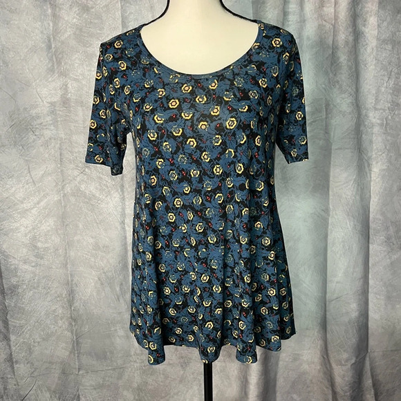 LuLaRoe Blue, Black, Red and Yellow Floral Graphic Print Perfect T - XXS - Picture 1 of 11